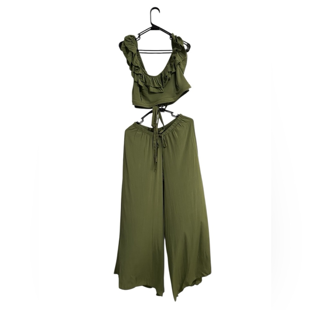 Coco Cabana / Olive Green Ruffled Top and Wide Leg Pants / XL